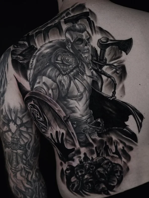 black and grey black and grey tattoo on upper back #56085 | Tattoo Artist Ruslan Novak