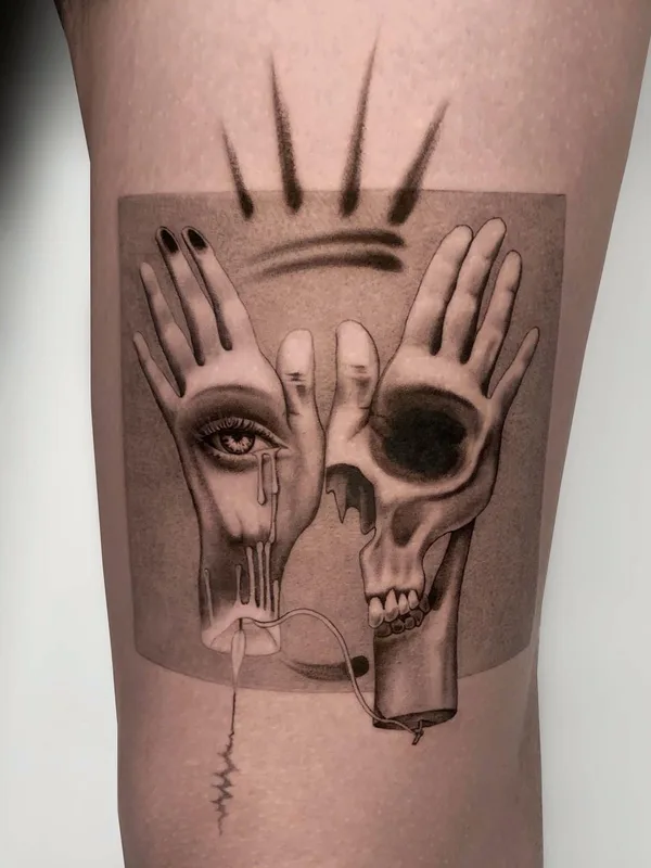 black and grey surrealism tattoo on thigh #56126 | Tattoo Artist Fountain