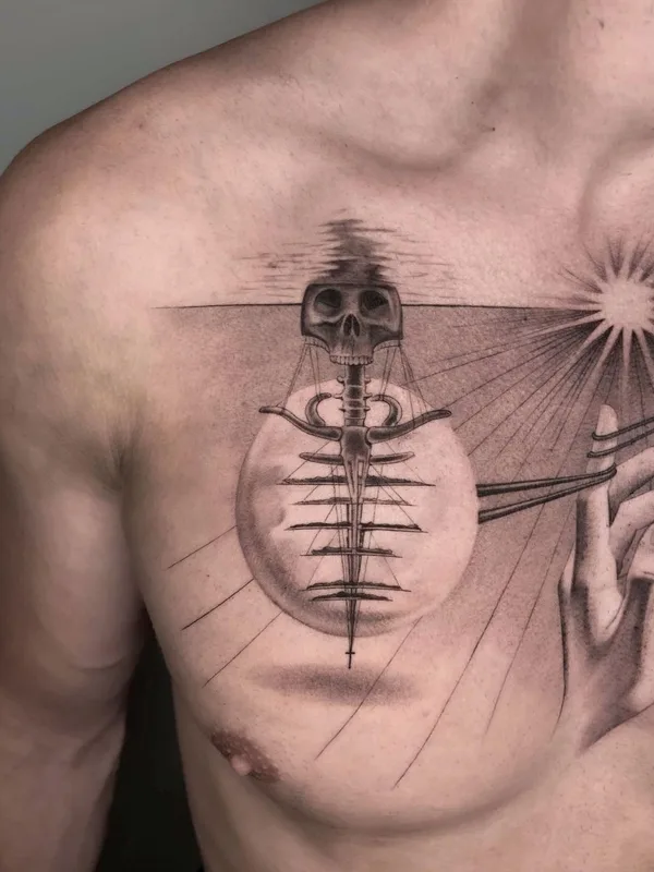 male black and grey surrealism tattoo on chest #56127 | Tattoo Artist Fountain