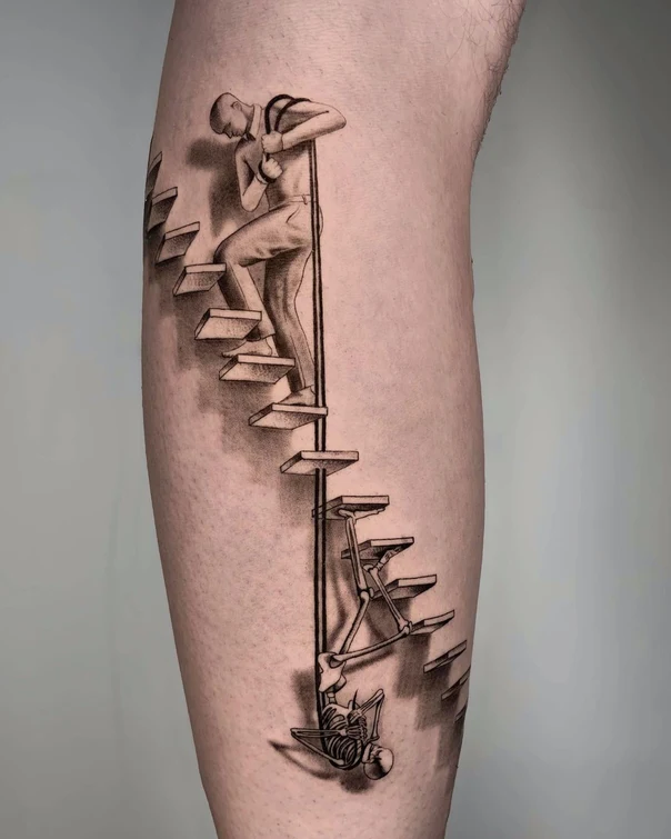 Realism Stairs, Skeleton tattoo on Calf