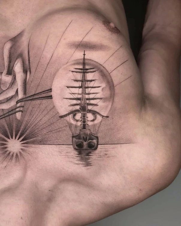 Black & Grey Ship, Sun tattoo on Chest