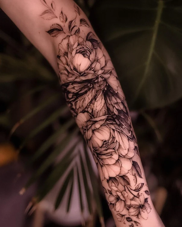 Fineline Flower, Leaves tattoo on Forearm