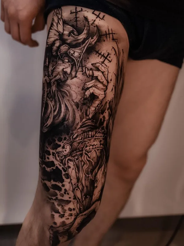 black and grey blackwork татуировка на thigh #56131 | Тату мастер Olha Halynska