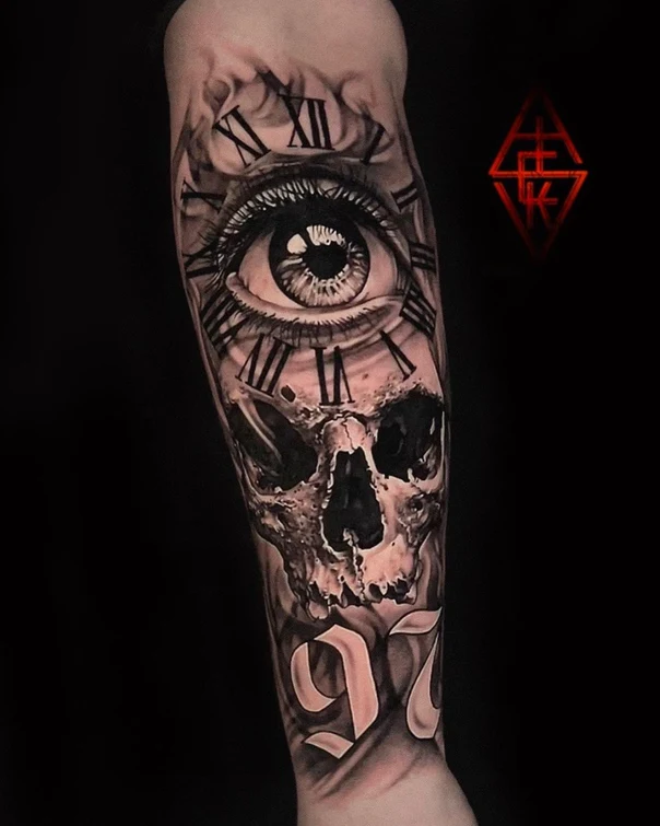 Black & Grey Skull, Eye tattoo on Forearm