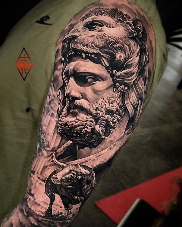 Realism Statue, Lion tattoo on Full Sleeve