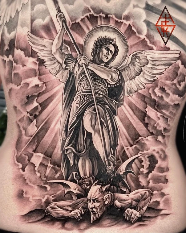 Realism Angel, Demon tattoo on Full Back