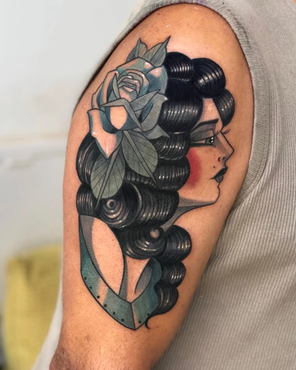 Neo Traditional Rose, Woman tattoo on Upper Arm