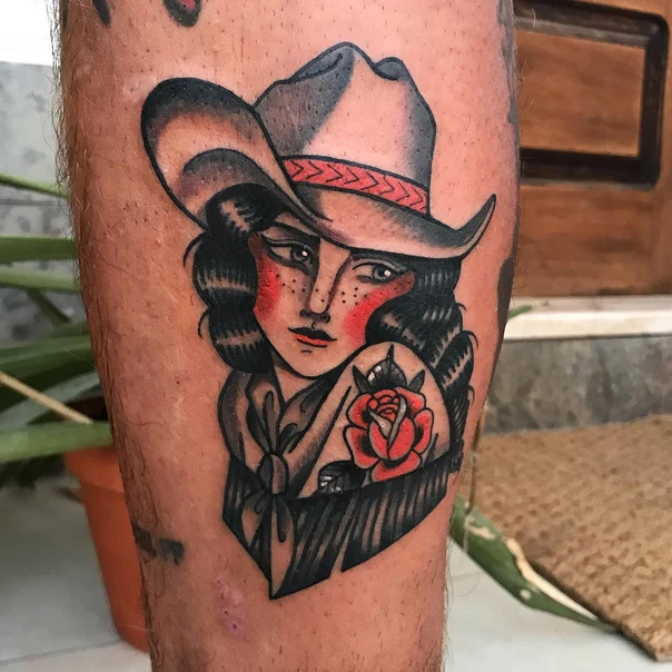 Neo Traditional Cowgirl, Rose tattoo on Calf