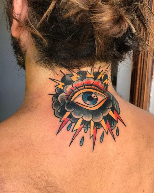 Traditional Eye, Cloud tattoo on Back of neck