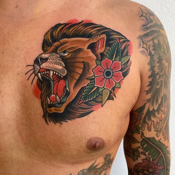 Traditional Lion, Flower tattoo on Chest