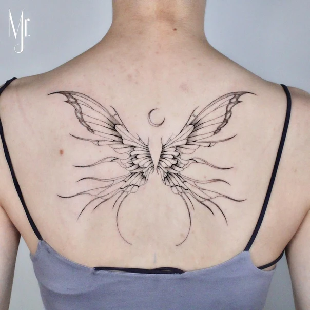 Fineline Wings, Moon tattoo on Upper Back