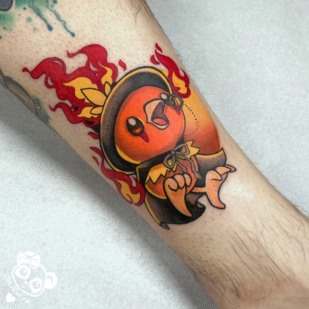 Cartoon Character, Fire tattoo on Forearm