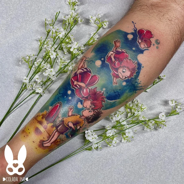Anime Character, Ocean tattoo on Forearm