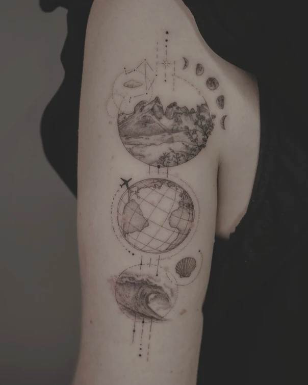 Fineline Mountain, Globe tattoo on Shoulder