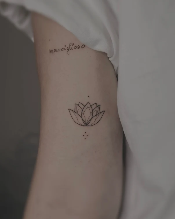 Fineline Lotus, Lettering tattoo on Inner arm
