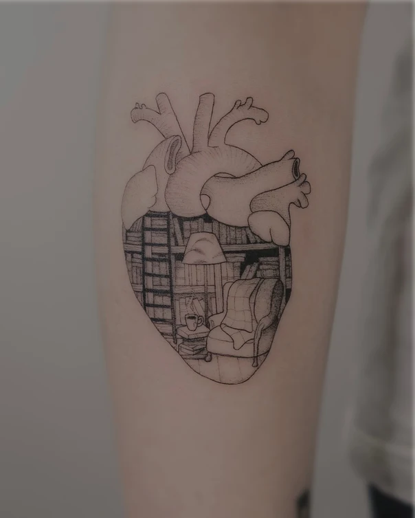 Linework Heart, Books tattoo on Forearm