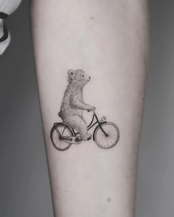 Black & Grey Bear, Bicycle tattoo on Forearm