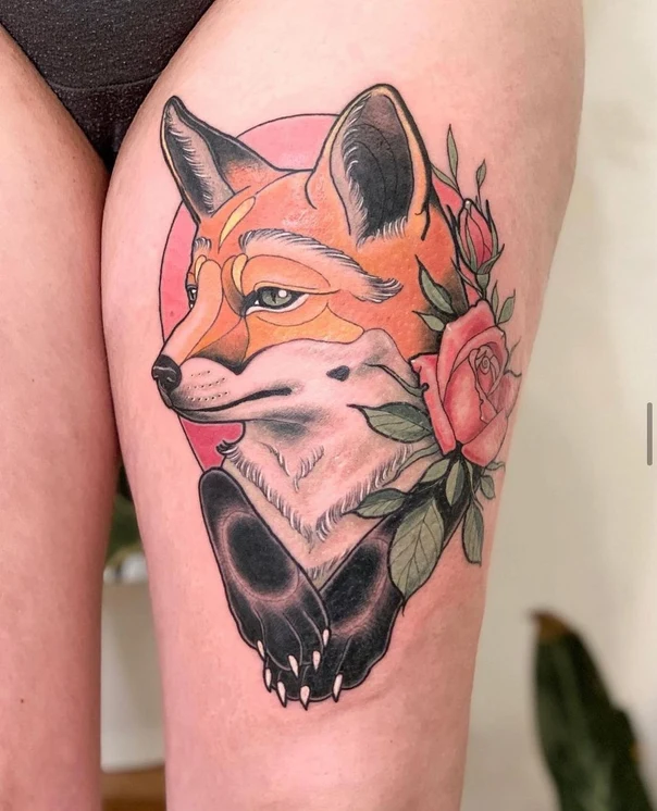 Illustrative Fox, Rose tattoo on Thigh