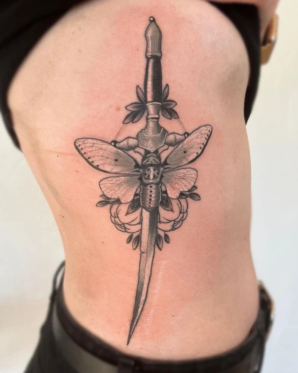 Black & Grey Sword, Insect tattoo on Side