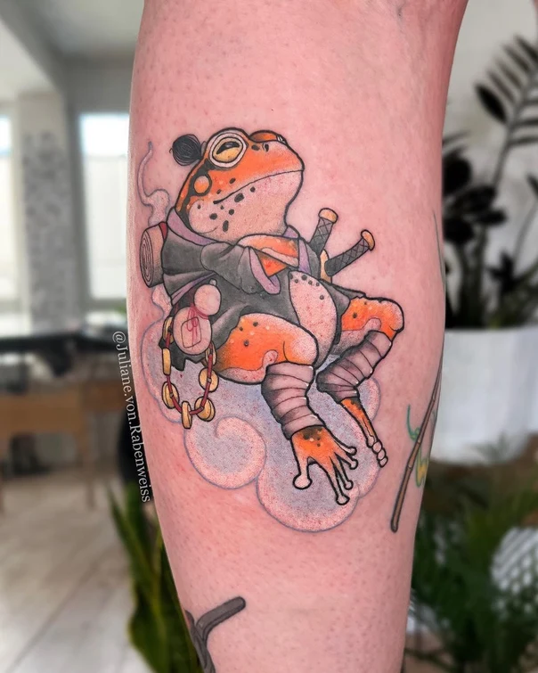 Japanese Frog, Samurai tattoo on Calf