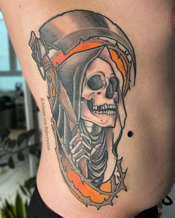 Neo Traditional Skull, Grim reaper tattoo on Side