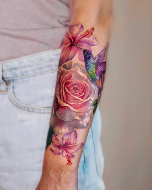 Realism Rose, Hummingbird tattoo on Forearm