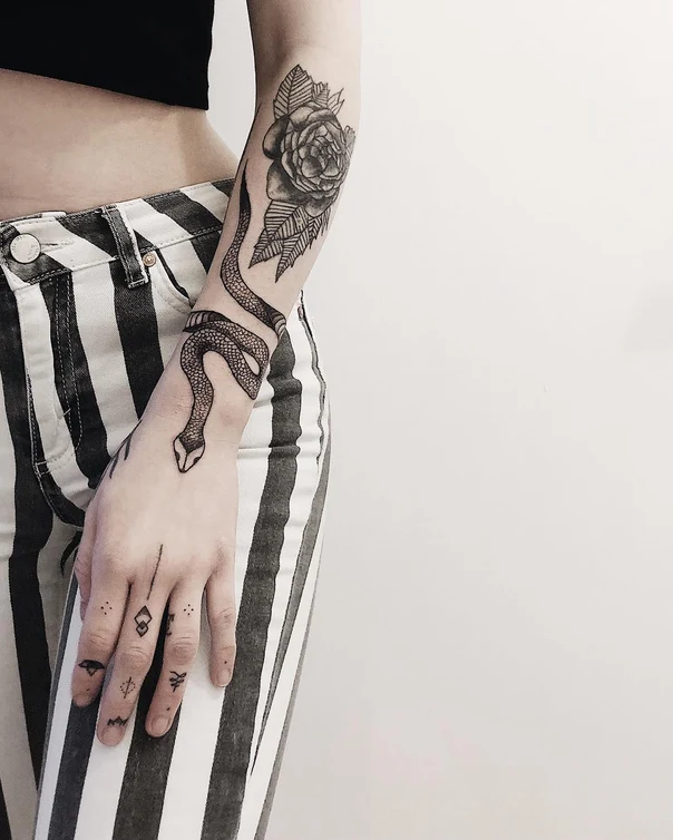 Blackwork Snake, Rose tattoo on Forearm