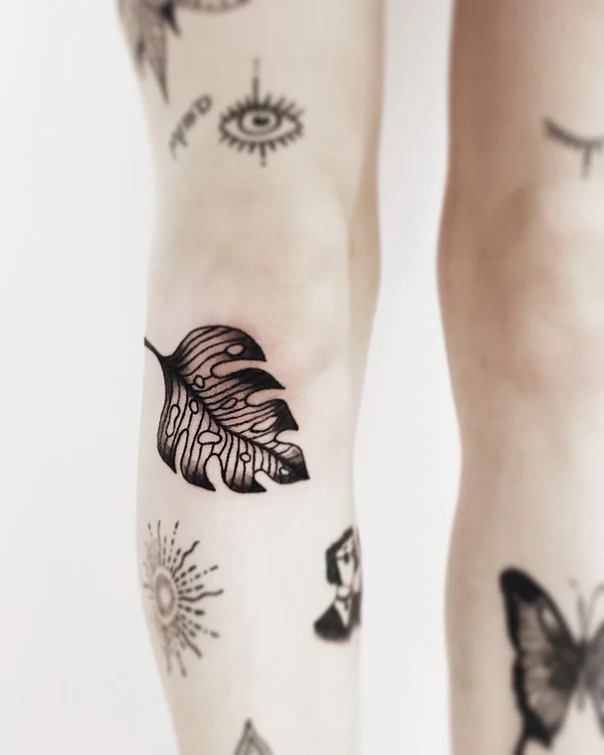 Blackwork Leaf tattoo on Calf