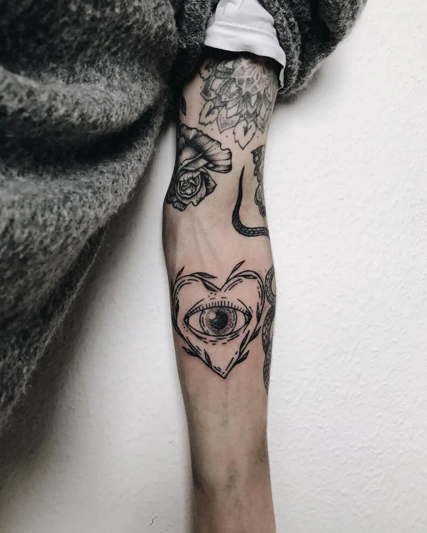 Linework Eye, Heart tattoo on Forearm