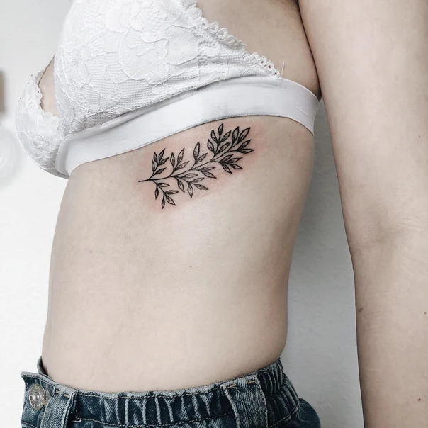 Fineline Leaves, Branch tattoo on Ribcage