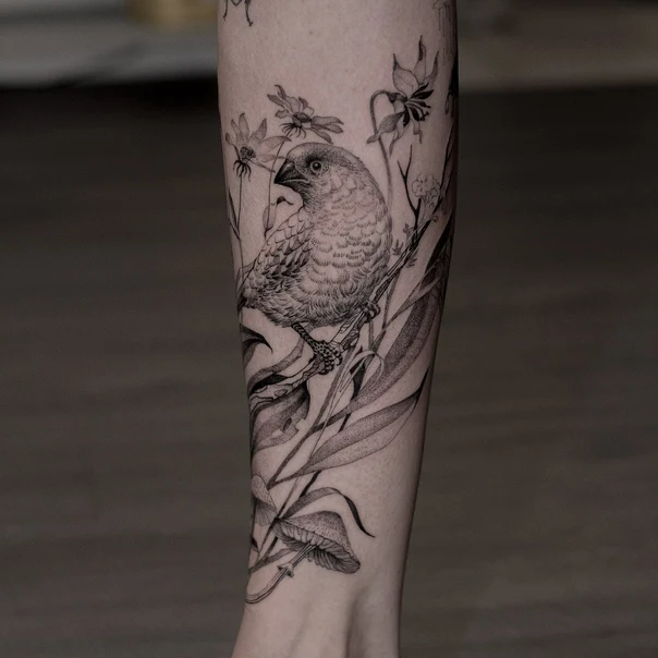 Fineline Bird, Botanic tattoo on Forearm