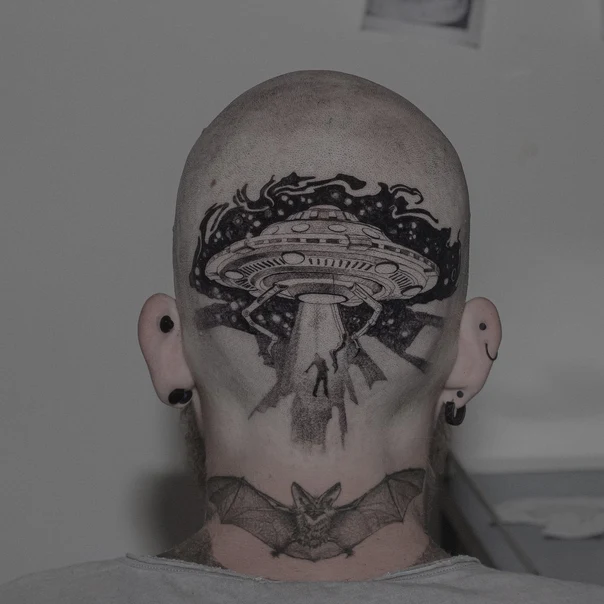Blackwork Ufo, Bat tattoo on Back of Neck