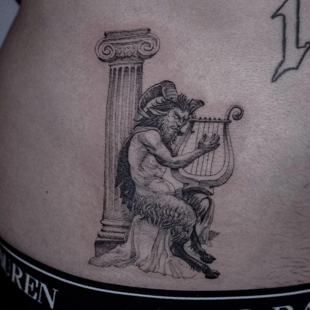 Black & Grey Mythological, Satyr tattoo on Hip