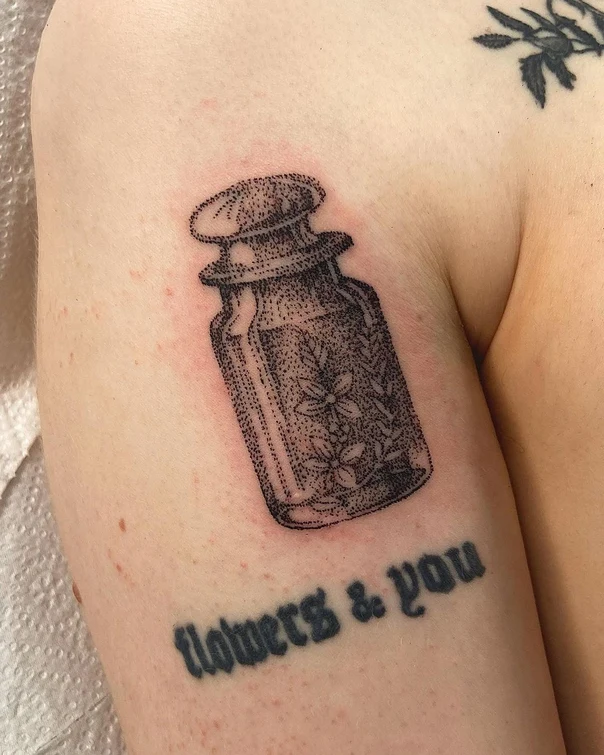Dotwork Bottle, Flowers tattoo on Upper Arm