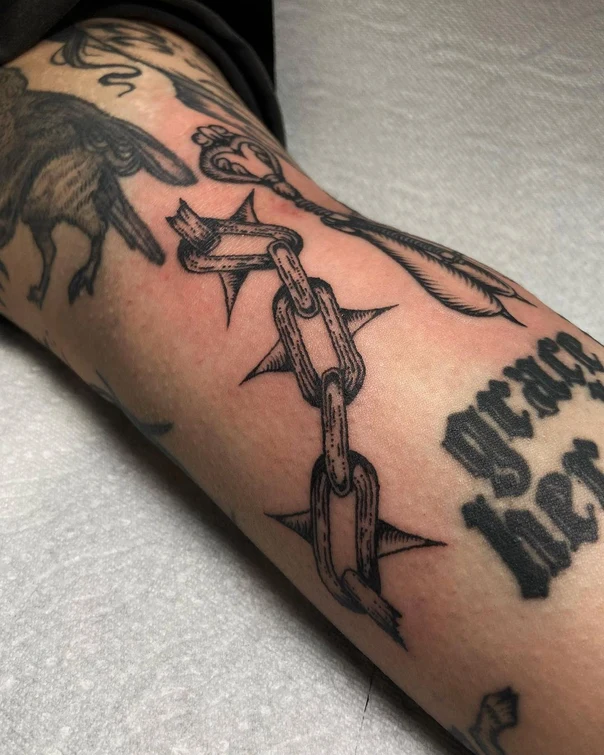 Blackwork Chain, Key tattoo on Forearm