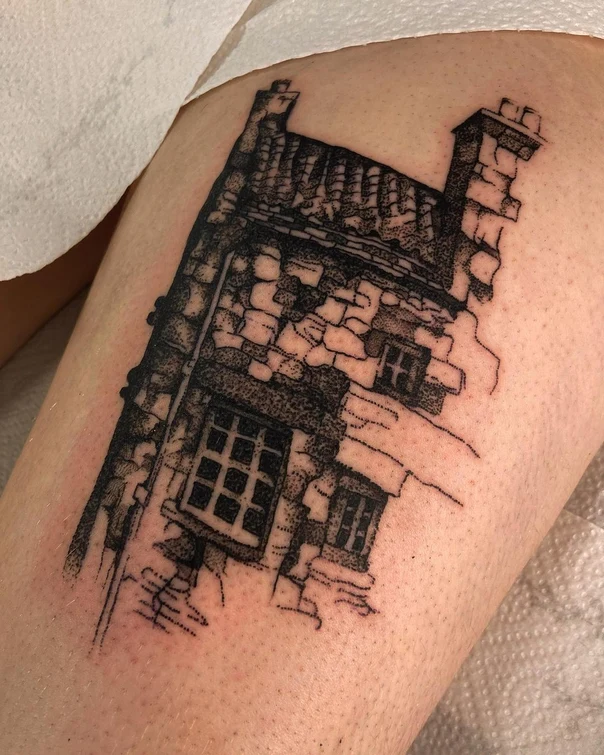Sketch Building, Architecture tattoo on Thigh
