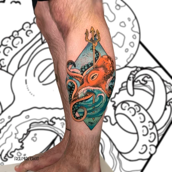 Illustrative Octopus, Wave tattoo on Calf