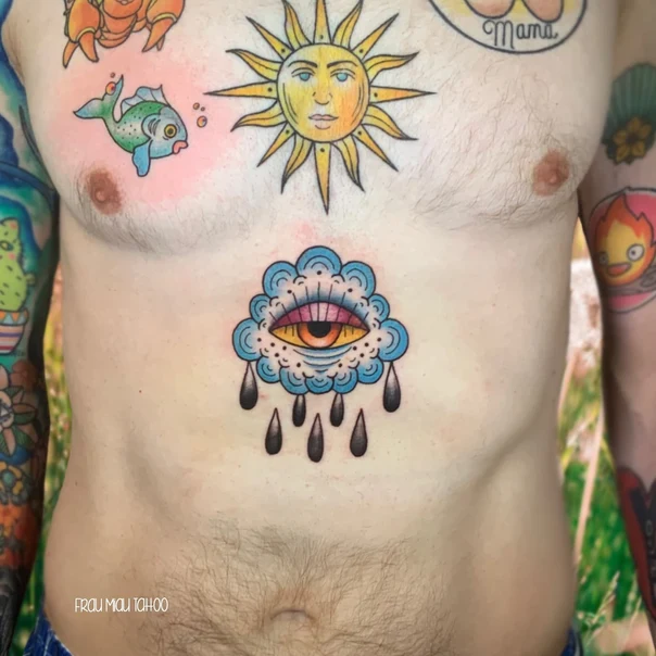 Traditional Eye, Cloud tattoo on Stomach