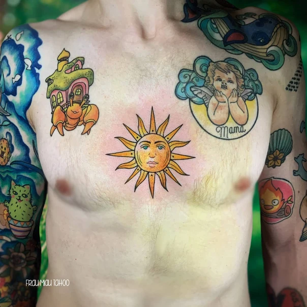 Illustrative Sun, Angel tattoo on Chest