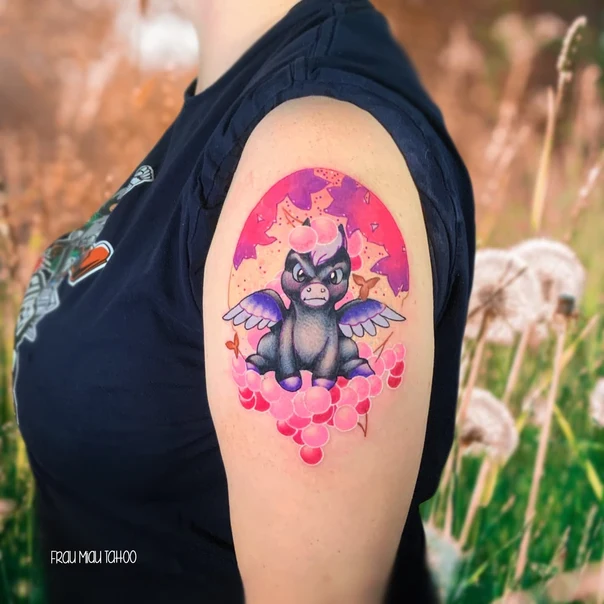 Illustrative Pegasus, Flowers tattoo on Upper Arm