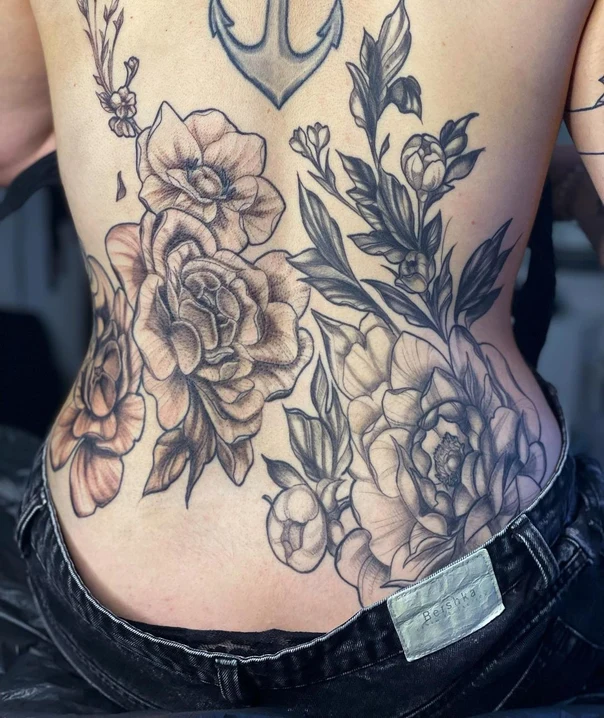 Black & Grey Flowers, Anchor tattoo on Lower Back