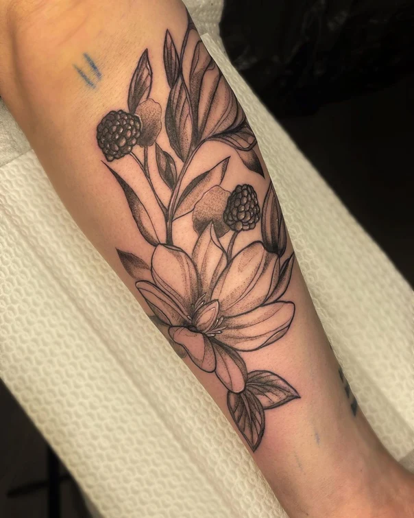 Botanic Flower, Leaves tattoo on Forearm