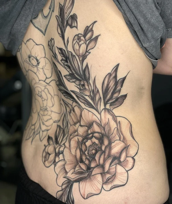 Black & Grey Flower, Leaves tattoo on Side