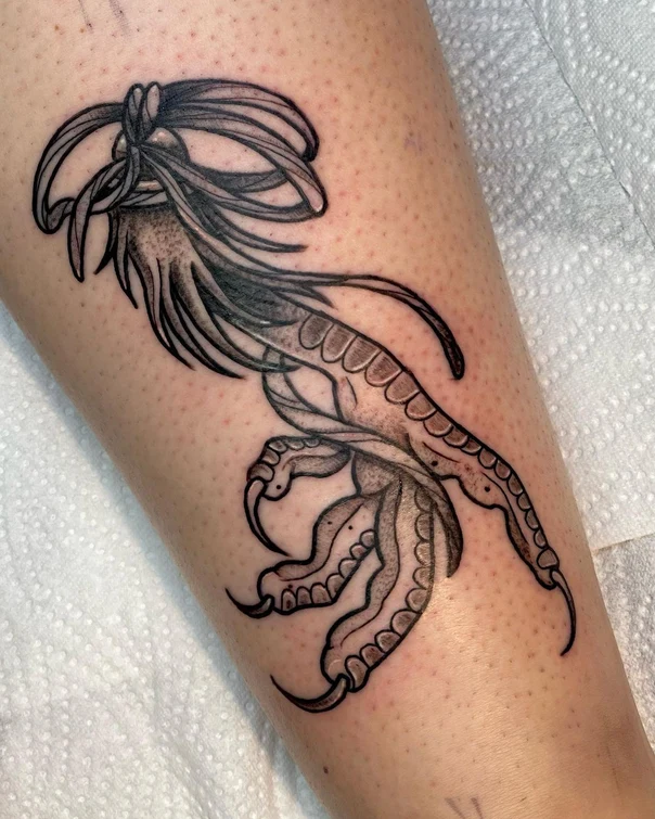 Blackwork Claw, Feather tattoo on Calf