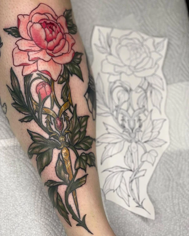 Illustrative Flower, Leaves tattoo on Calf