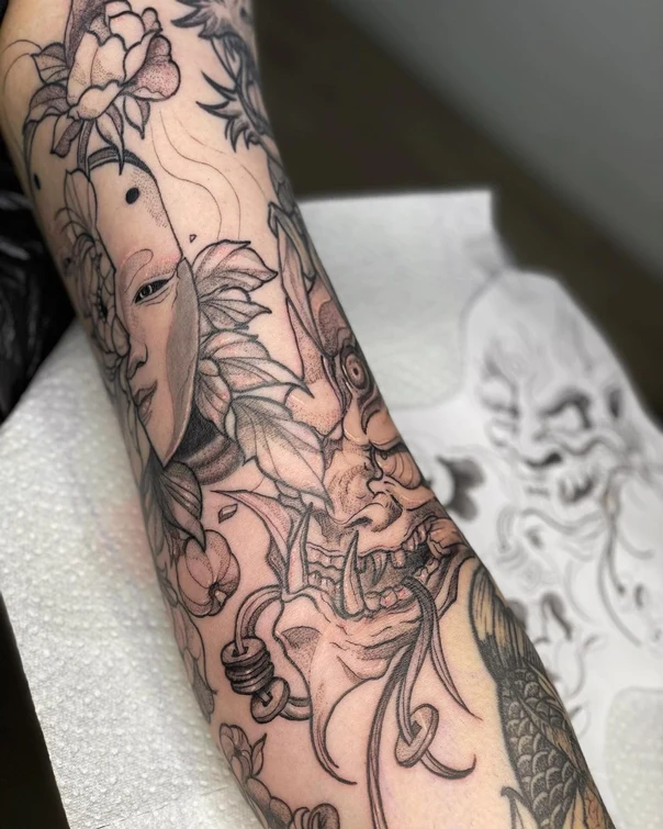 Japanese Mask, Demon tattoo on Forearm