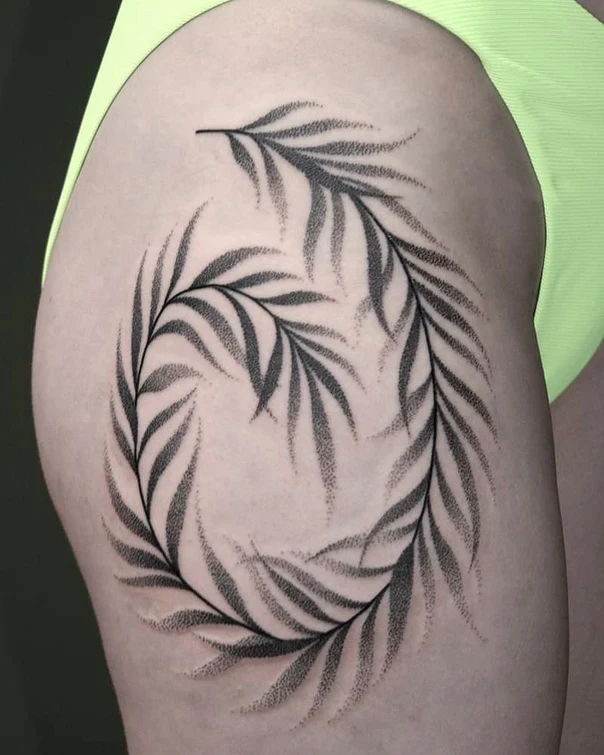 Fineline Leaves, Plant tattoo on Thigh
