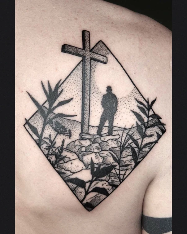Blackwork Cross, Figure tattoo on Shoulder Blade