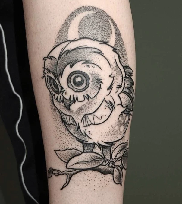 Blackwork Owl, Branch tattoo on Calf