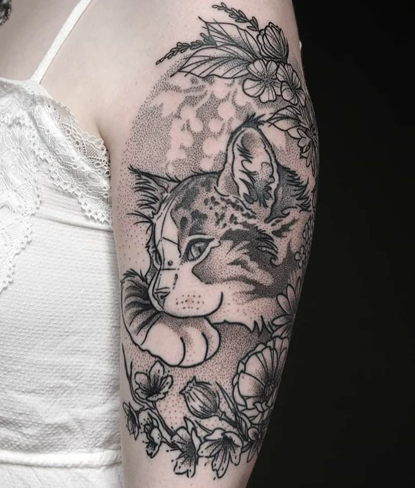 Blackwork Cat, Flowers tattoo on Forearm